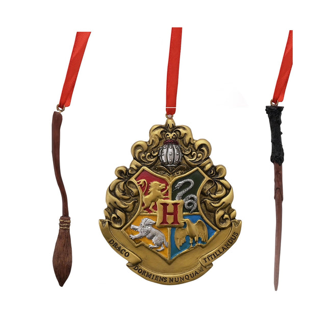 Hängendes Ornament: Harry Potter, 3 Stück, Kunststoff, Zauberstab, Schild und Besen