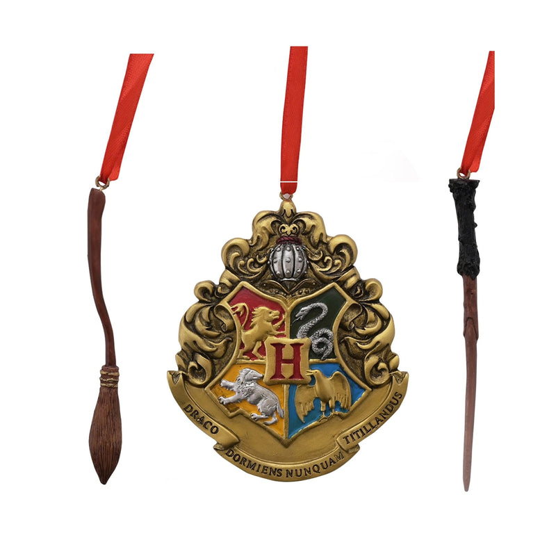 Hängendes Ornament: Harry Potter, 3 Stück, Kunststoff, Zauberstab, Schild und Besen