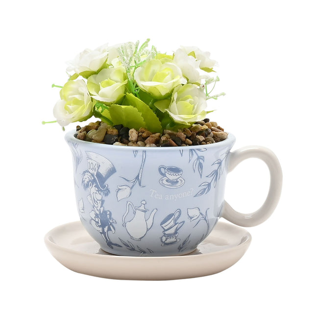 Pflanzgefäß: Teetasse mit Kunstpflanze – Alice im Wunderland